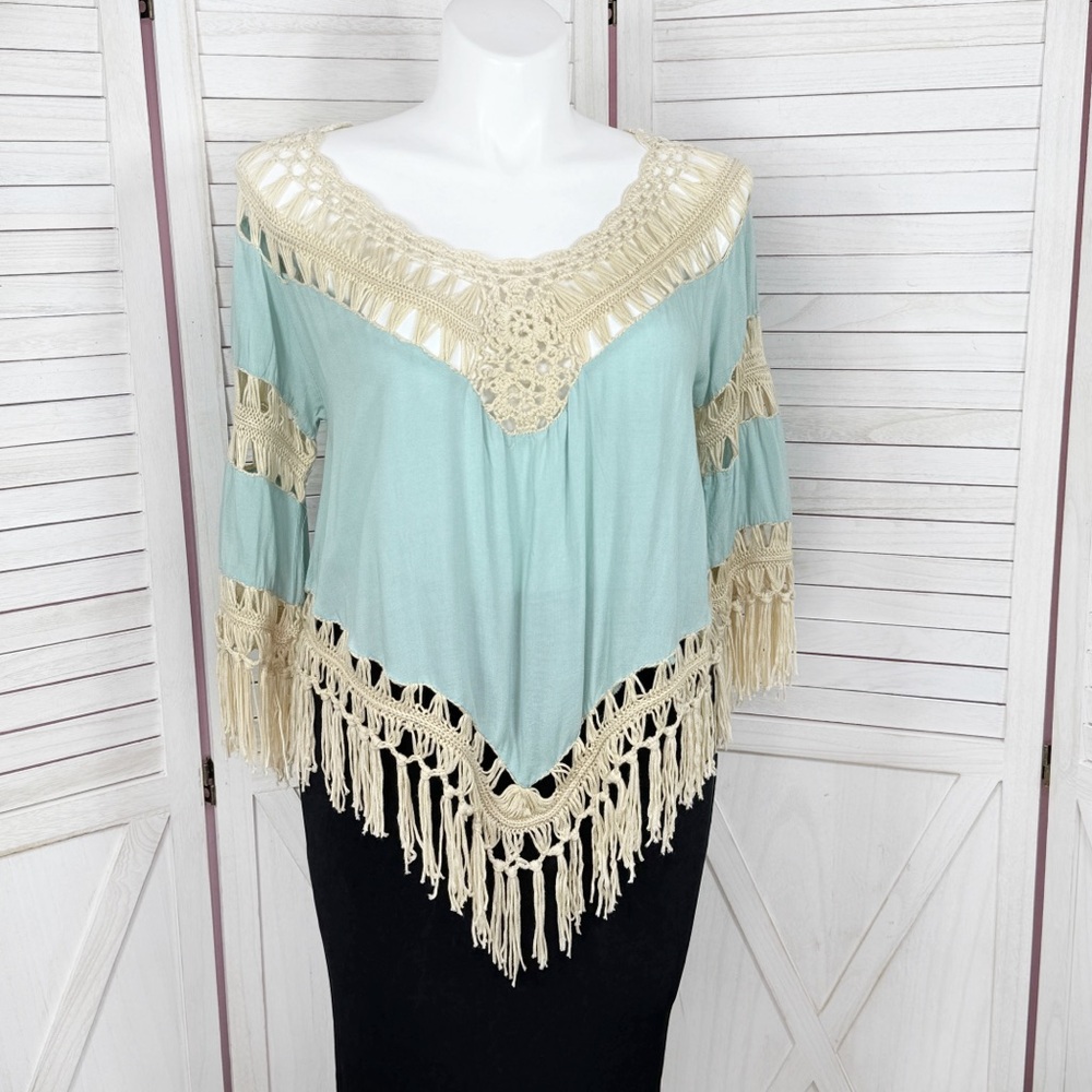 UMGEE Boho Peasant Crochet Fringe Hem Triangle Top‎ Teal Green Tan Large Hippie
